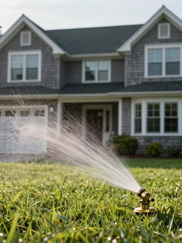 Low-angle portrait shot of a modern shingle-style Cape Cod home, a clean brass sprinkler head misting perfectly manicured green lawn in crisp morning light.