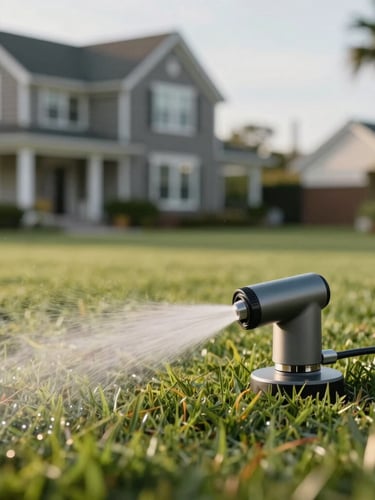 A close-up of a modern, low-profile sprinkler head cleanly misting manicured turf under soft morning coastal light, with a shingle-style Cape home blurred in the background.