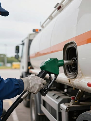 Close-up documentary shot of a fuel delivery nozzle locked into a tanker truck inlet at a loading bay, operator's gloved hands steadying the connection, industrial valve hardware visible, bright overcast daylight, straight-on framing showing operational detail