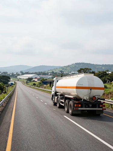 Wide environmental shot of a Rizal highway at daylight — a loaded diesel tanker truck travelling along the road, industrial buildings and low hills in the background, overcast bright sky, straight-on framing showing infrastructure scale