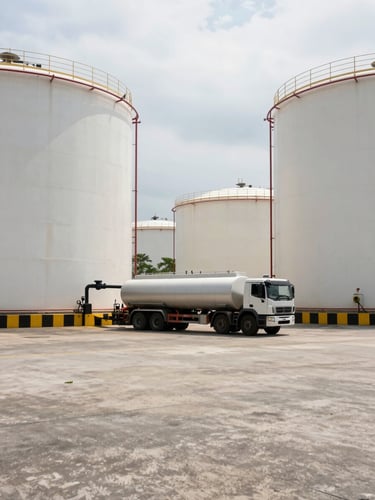 Wide straight-on shot of a diesel terminal loading bay in Taytay, Rizal, Philippines — large cylindrical storage tanks in the background, a tanker truck parked at the loading arm in the mid-ground, concrete yard under bright overcast daylight. Infrastructure fills the frame; no people, no branding visible.