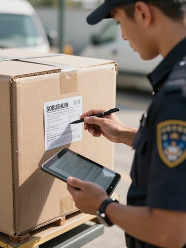 Focused uniformed crew member scanning a barcoded inventory label on a sealed moving crate using a digital tablet, bright natural daylight
