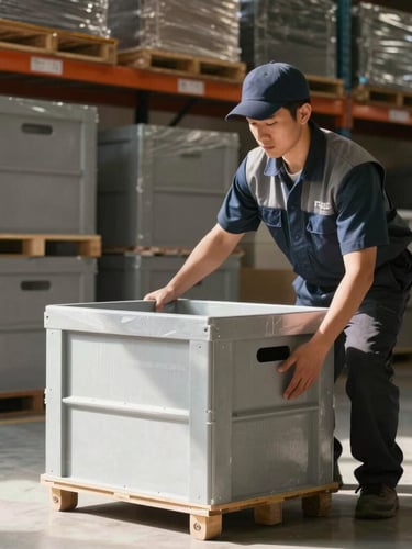 Medium shot of a professional uniformed mover inside a clean warehouse systematically packing a double-walled crate, bright natural daylight, sharp geometric lines.
