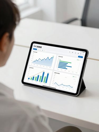 Over-the-shoulder shot of a clean modern digital tablet showing financial charts and growth dashboards, bright natural daylight, minimal composition