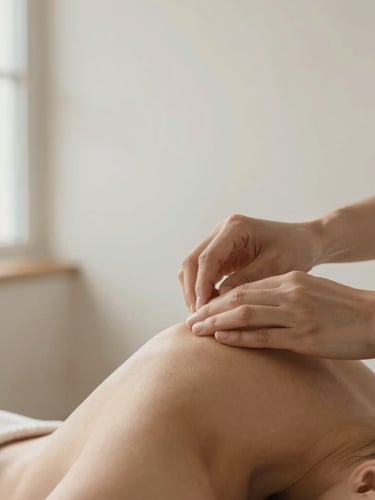 Close-up of hands gently adjusting a client's shoulder alignment in a minimalist, sunlit wellness studio, soft natural morning light, muted earth tones.
