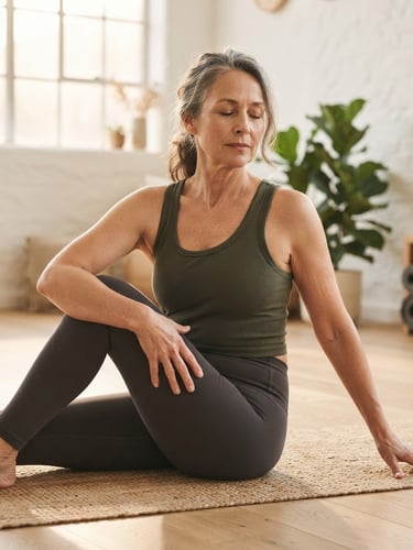 Close-up of a mature adult performing a slow, controlled core alignment stretch in a sunlit, minimalist wellness studio, soft morning light, shallow depth of field.