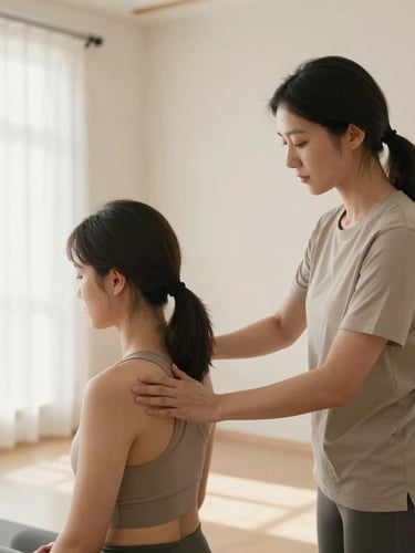 A certified female fitness specialist gently guiding a client's shoulder alignment, soft natural morning light, clean minimalist studio, warm tones, professional and warm atmosphere.