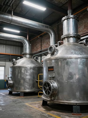 Wide industrial boiler room interior, two large steel boilers dominating the right frame, heavy insulated pipes running left to right near ceiling, concrete floor and brick wall, existing fluorescent overhead lighting casting honest task light, no people, full environmental scale visible