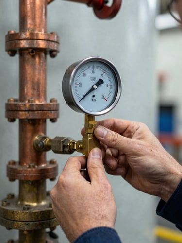 Close-up of a technician's hands adjusting a brass pressure gauge on an industrial boiler, task lighting illuminating the gauge face and copper fittings, mechanical room wall visible behind
