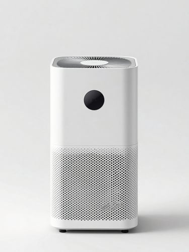 Clean, airy product shot showing a minimalist white air purifier in a high-key studio setting, sharp focus, professional commercial catalog, 50mm lens