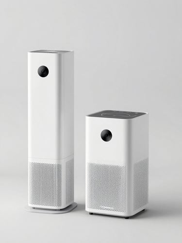 Straight-on clean product photography of pristine, unbranded home appliances including a modern air purifier and a minimalist induction cooktop, bright high-key studio lighting, neutral grey background, sharp focus