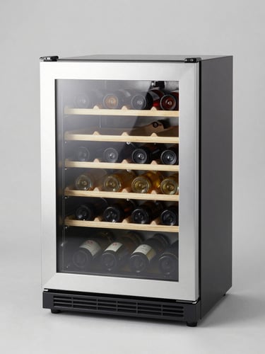 Architectural studio shot of a compact under-counter wine cooler with glass door, showcasing neatly arranged bottles inside, clean slate grey background, sharp focus, 50mm lens