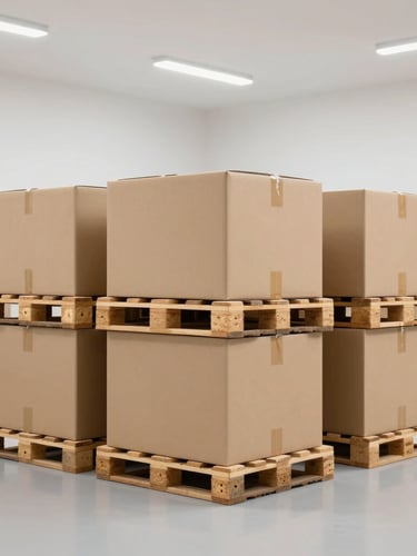 Neatly organized modern warehouse with stacked shipping pallets and pristine cardboard boxes under bright, clean overhead lighting.