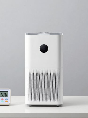Straight-on clean product photography of a modern air purifier on a test bench with a digital testing meter displaying voltage, high-key studio lighting, neutral grey background