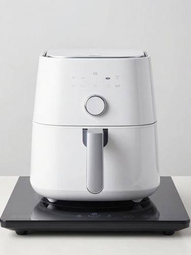 Straight-on studio product photography of a modern digital air fryer and induction cooktop, pristine unbranded surfaces, bright overcast daylight, sharp focus, 50mm lens