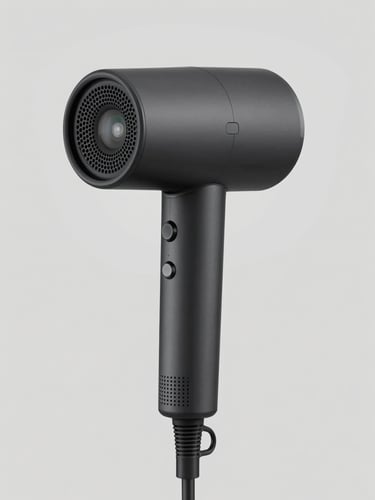 Studio shot of a minimalist matte black high-velocity hair dryer, clean slate grey background, sharp focus, professional commercial catalog, 50mm lens