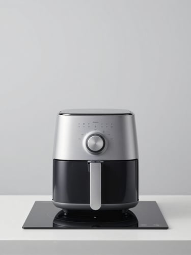 Straight-on architectural studio shot of a modern minimalist induction cooktop and air fryer, clean slate grey background, sharp focus, high-key lighting
