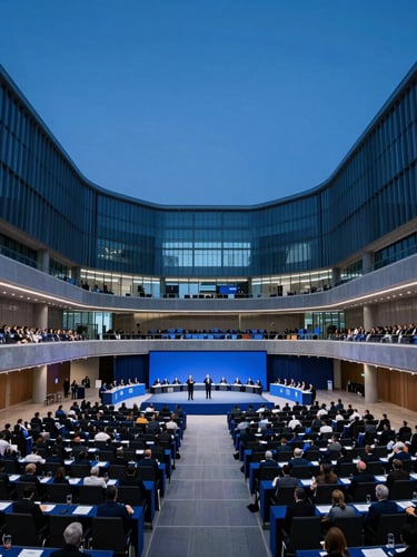 Wide-angle editorial photograph of a massive, high-contrast global summit assembly hall at blue hour, deep navy and steel tones, sharp architectural lighting