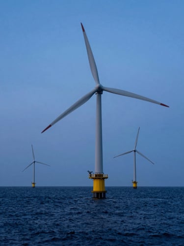 Wide environmental shot of a modern offshore wind array at blue hour, deep navy water, clean steel structures, dramatic low-angle architectural lens.