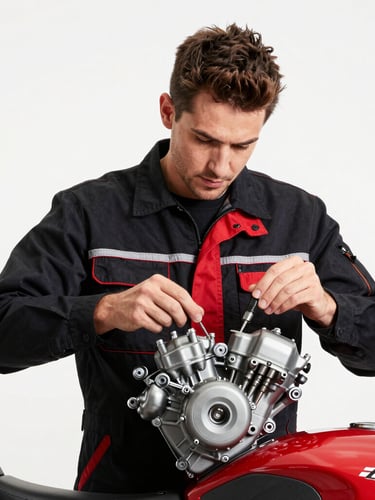 Portrait shot of a focused mechanic (Luciano Dal Mas) in a clean workshop, wearing a professional uniform, examining a motorcycle engine with precision tools, bright studio lighting, high-contrast, 35mm lens.