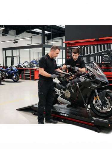 Wide panoramic view of a spotless, modern motorcycle workshop, bright clean lighting, mechanics in clean uniforms using diagnostic equipment on a motorcycle on a lift, tools neatly organized on wall panels, high-contrast black and red tones, crisp details, 35mm lens, subject slightly to the right.