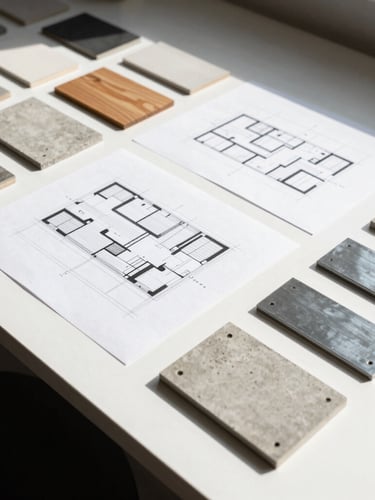 Wide-angle shot of architectural plans and material samples (concrete, timber, steel) meticulously laid out on a clean, minimalist desk, with harsh natural light creating sharp shadows, no people visible.