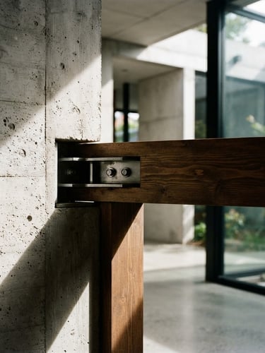 Close-up, wide-angle shot of a meticulously crafted structural join between raw concrete and timber, bathed in harsh, directional sunlight creating deep shadows, minimalist aesthetic.