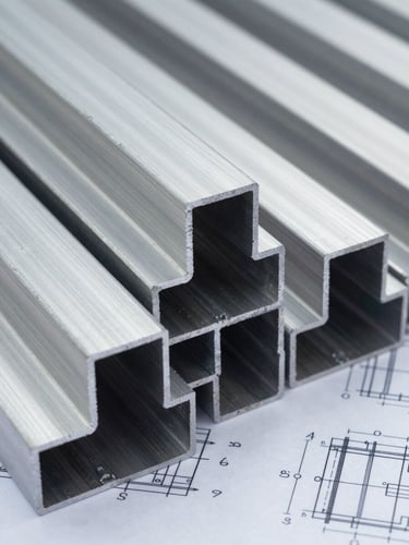 Close-up of industrial blueprints next to raw aluminum extrusions, high-contrast technical tones, cool natural daylight, 35mm