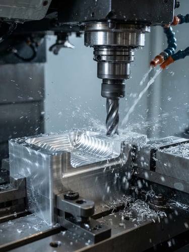 Macro close-up of a high-precision CNC milling machine cutting raw aluminum, cool industrial daylight, sharp technical details, 35mm