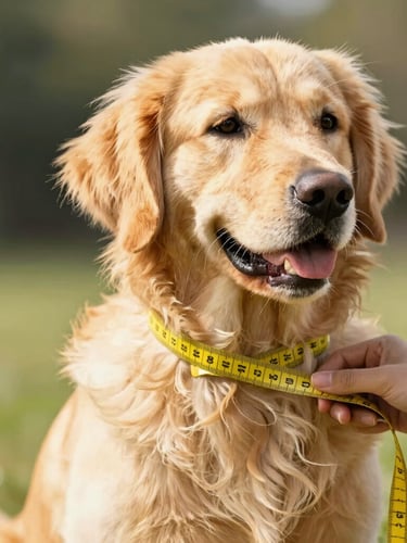 A fluffy golden retriever being measured gently with a soft yellow tape measure around its chest, bright warm daylight, shallow depth of field