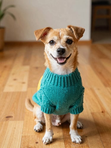 A happy small dog wearing a vibrant, colorful hand-knitted teal sweater, sitting on a warm wooden floor in a sunlit room, eye-level shot, warm saturated tones, shallow depth of field