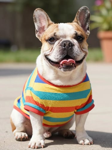 A happy French bulldog sitting upright wearing a colorful striped handmade cotton t-shirt, bright natural daylight, warm saturated tones, shallow depth of field, 35mm
