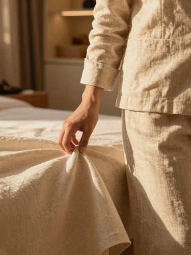 Elegant close-up of luxury linen resort wear fabric, soft beige tones, with a hand gently touching it, under warm golden-hour light, blurred background of a high-end boutique interior.