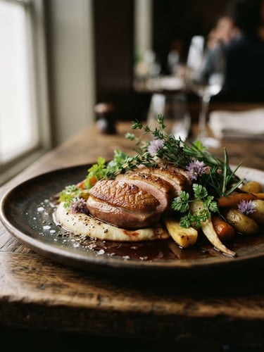 moody editorial photography, close-up of a plated artisanal dish with fresh herbs, soft directional window light, rich high-contrast earth tones, 35mm