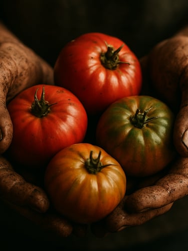 Portrait shot of hands holding freshly harvested heirloom tomatoes, soil visible on fingers, soft directional natural light, rich high-contrast earth tones, moody editorial photography, 35mm