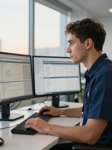 A professional dispatch coordinator in a clean, modern office looking at logistics monitors, natural overcast light, navy and silver tones