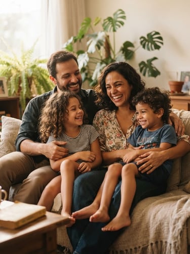 Warm editorial photography of a Brazilian family sitting together on a bright living room couch, natural daylight, soft skin tones, shallow depth of field, authentic and professional, 35mm lens.