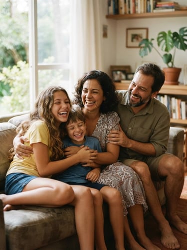 Warm portrait of a Brazilian family laughing together in a sunlit living room, soft natural lighting, shallow depth of field, authentic 35mm photography.