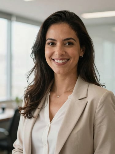 A warm, natural portrait of a Brazilian professional woman smiling in a bright, modern office, soft daylight, professional and welcoming.