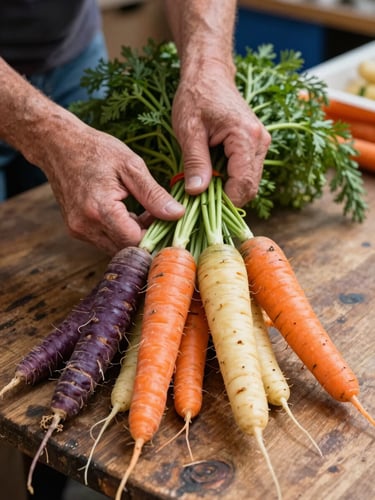 Close-up of weathered hands arranging a bundle of heirloom carrots — deep purple, orange, and cream — on a worn wooden market table under north-facing natural light, a blurred stall interior in the background