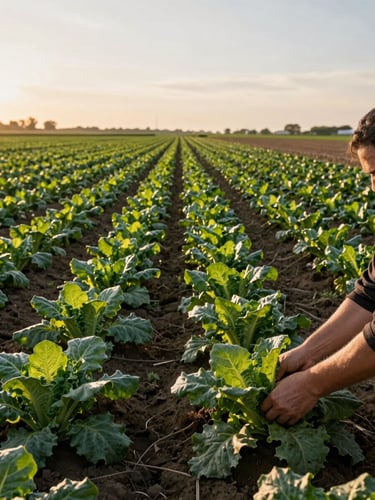 Panoramic golden-hour farm field, hands harvesting dark leafy greens close to the soil, early morning light raking across the rows, wide environmental context of the field stretching behind