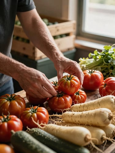 Close-up of hands arranging heirloom tomatoes and root vegetables on a market stall table, golden morning light from a side window, wooden crates and produce labels visible in the background