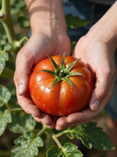 Hands cradling a ripe tomato still on the vine in early morning north-facing light, fingers showing soil and wear, green leaves framing the fruit, shallow depth of field, no studio lighting