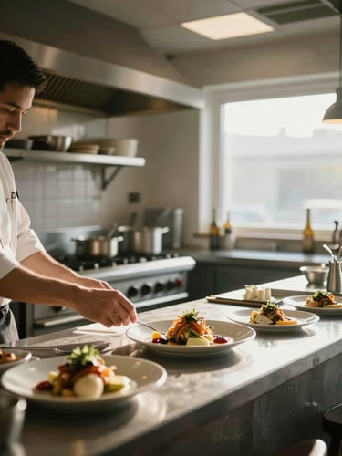 Wide interior shot of a small independent restaurant kitchen, north-facing natural light, a cook's hands arranging a dish on a counter in the foreground, the full kitchen workspace visible behind, muted warm tones