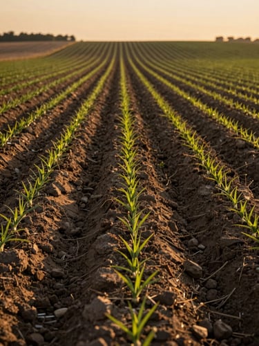Close-up wide shot of neat crop rows at golden hour, soil furrows catching long raking light, green seedling tips emerging in precise lines, no people, shot from low angle looking down the row toward a soft warm horizon