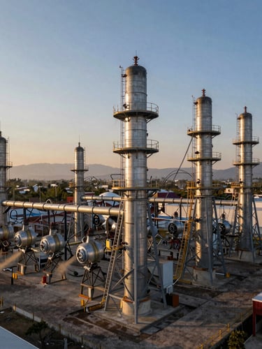 Vista aérea de una subestación eléctrica de alta tensión en México, estructuras de acero galvanizado bajo la luz del amanecer, polvo en suspensión, alto contraste.
