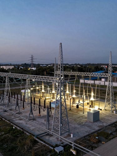 Wide environmental drone shot of a massive high-voltage electrical substation at twilight, structural steel beams, high contrast natural light.