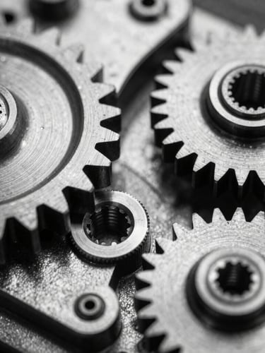 Extreme macro close-up of raw titanium gears and escapement mechanism, harsh studio lighting, deep shadows, black and white, high grain film.