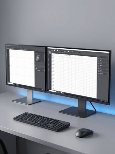 A clean minimalist tech studio desk with dual monitors displaying structured design grids and text editor, cool slate-gray tones, crisp blue backlighting, sharp focus, 50mm lens