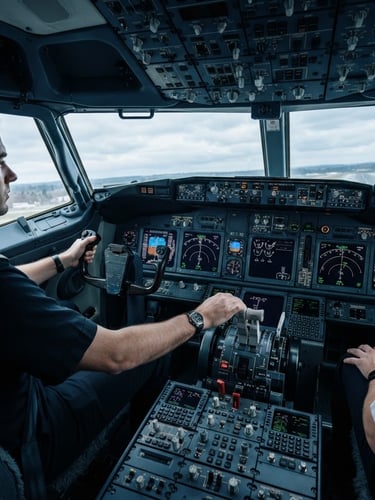Wide panoramic view of a modern commercial flight simulator cockpit, crisp cool lighting, pilot's hands on controls, deep navy and steel tones, 35mm lens, bleeding to the right edge.
